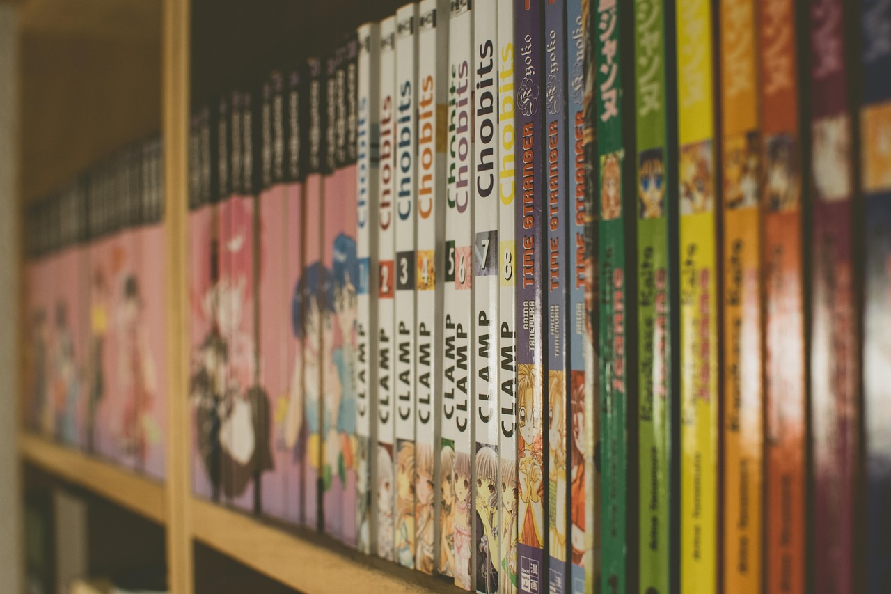 Rows of manga volumes on a bookstore shelf