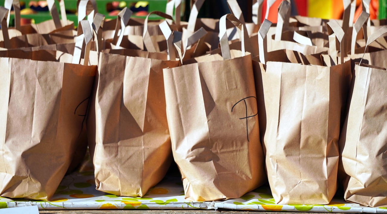Rows of paper shopping bags lined up for sale