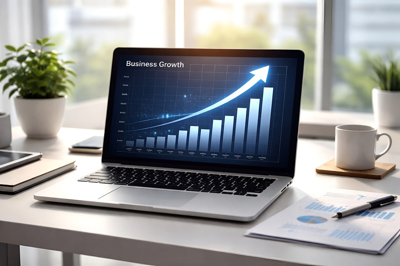 A laptop showing a business growth chart