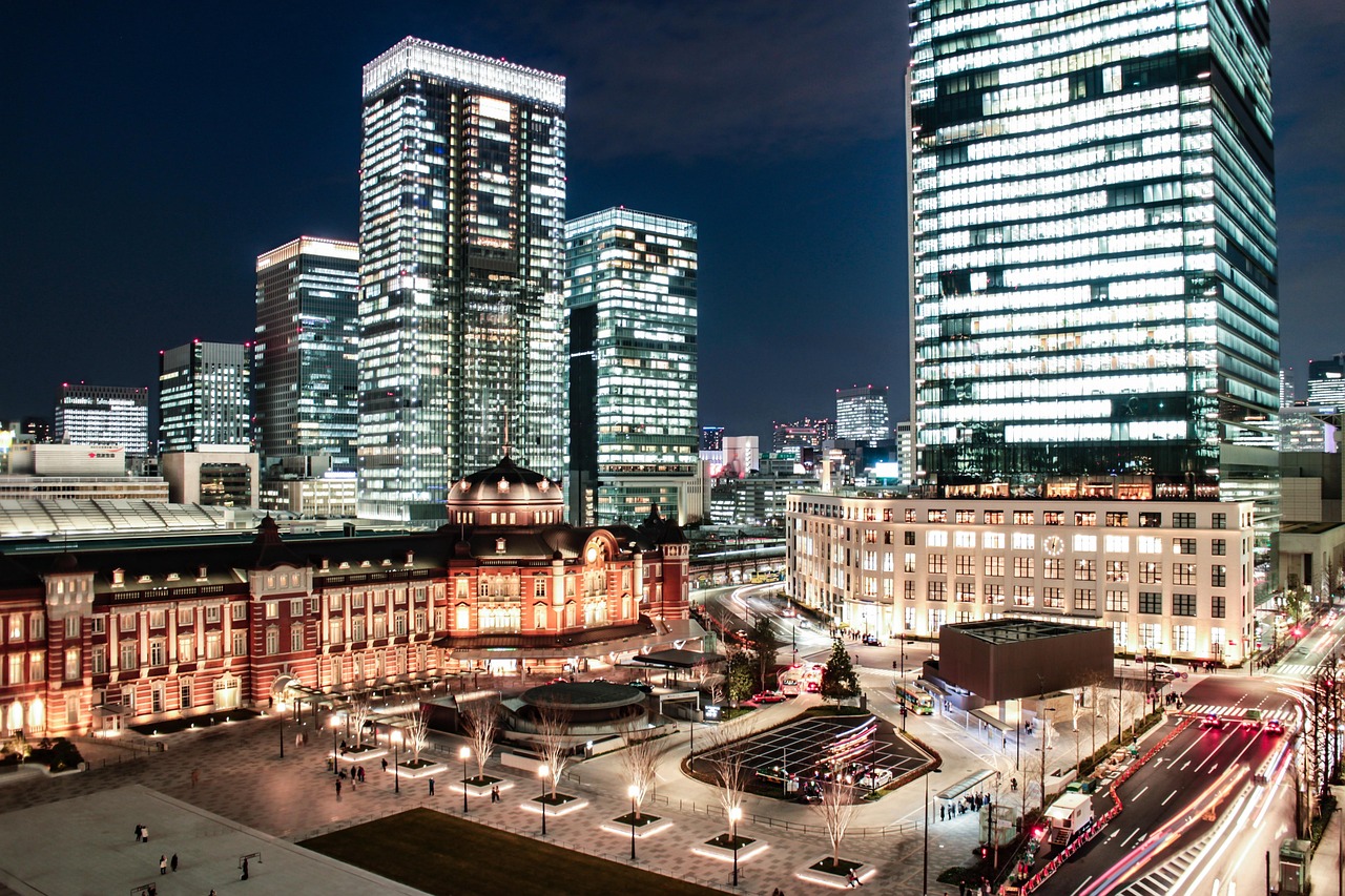 Tokyo Station and skyscrapers at night