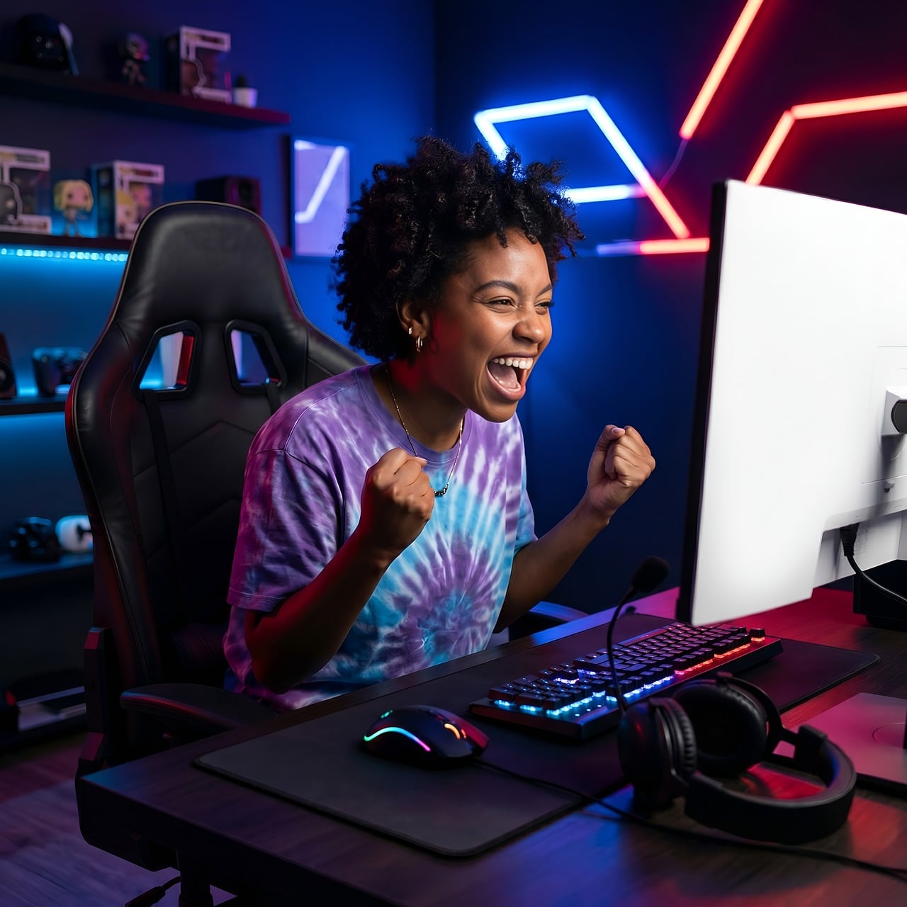 A streamer cheering at a gaming setup