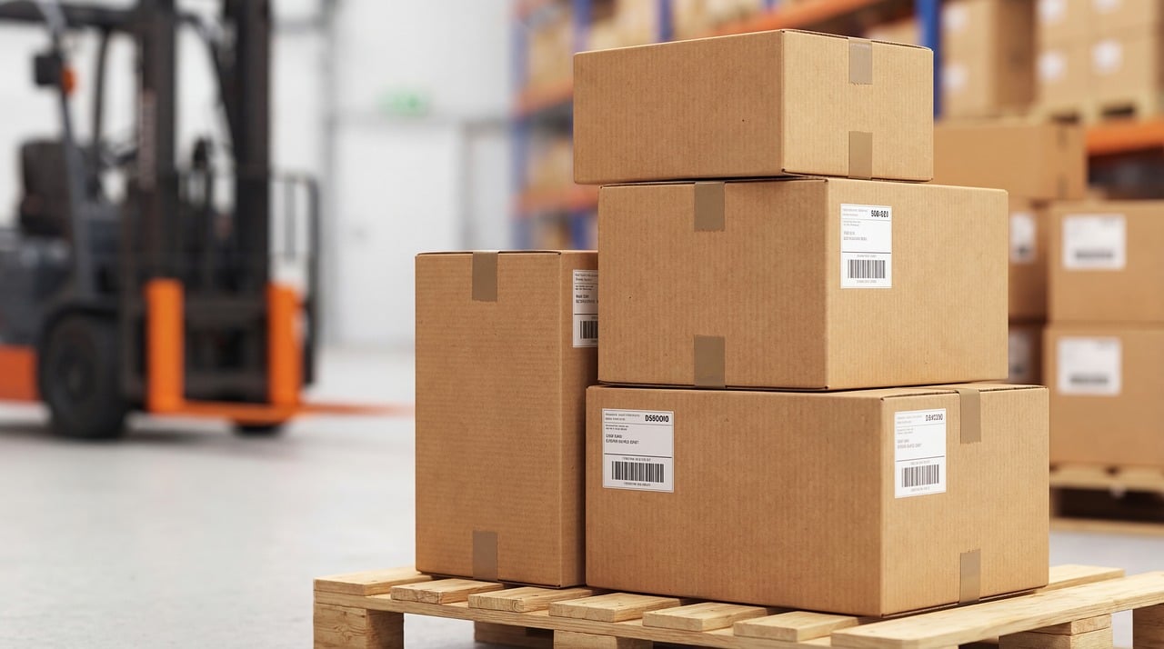 Cardboard parcels stacked on a pallet in a warehouse